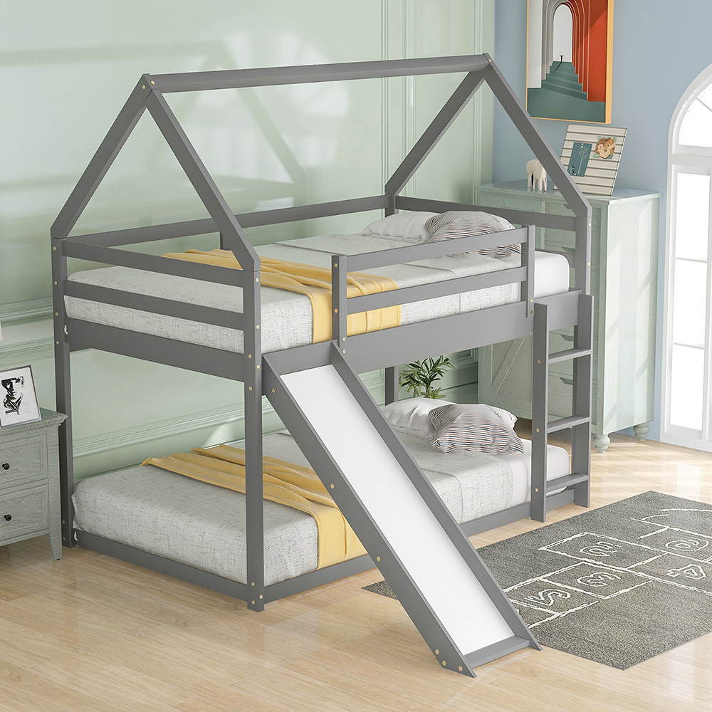 Twin-Over-Twin Size House-shaped  Bunk Bed Frame with Slide, Ladder, and Wooden Slats Support, for Kids, Teens, Boys, Girls (Frame Only) - Gray