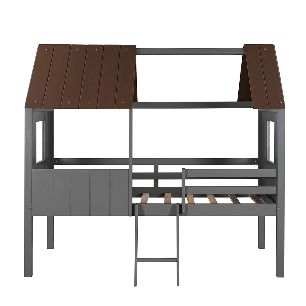 Twin-Size House-Shaped Loft Bed Frame with Two Side Windows and Wooden Slats Support, No Box Spring Required, for Kids, Teens, Boys, Girls (Frame Only) - Antique Gray + Normal Gray