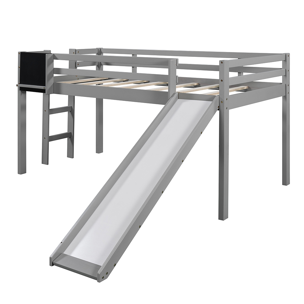 Twin-Size Loft Bed Frame with Slide, Chalkboard, and Wooden Slats Support, No Box Spring Required, for Kids, Teens, Boys, Girls (Frame Only) - Gray