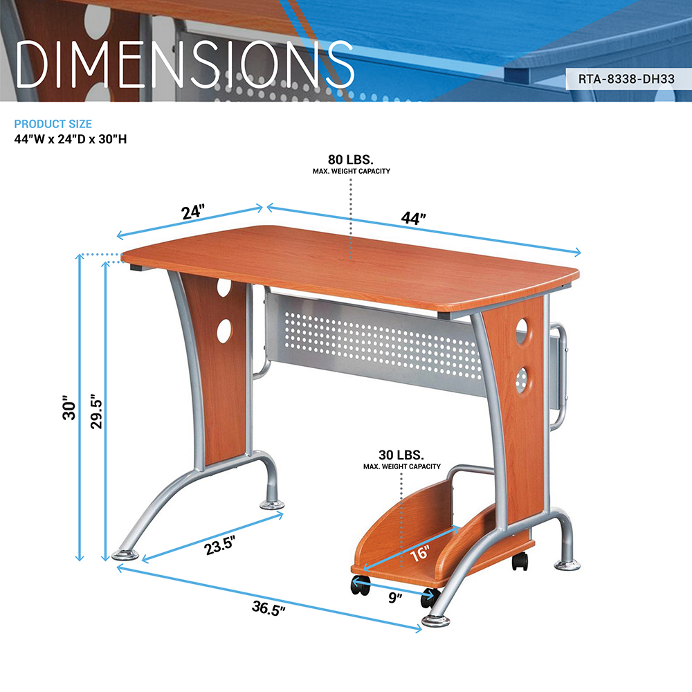 Techni Mobili 44" Computer Desk with Mobile CPU Caddy, MDF Tabletop and Metal Frame, for Game Room, Small Space, Study Room - Brown