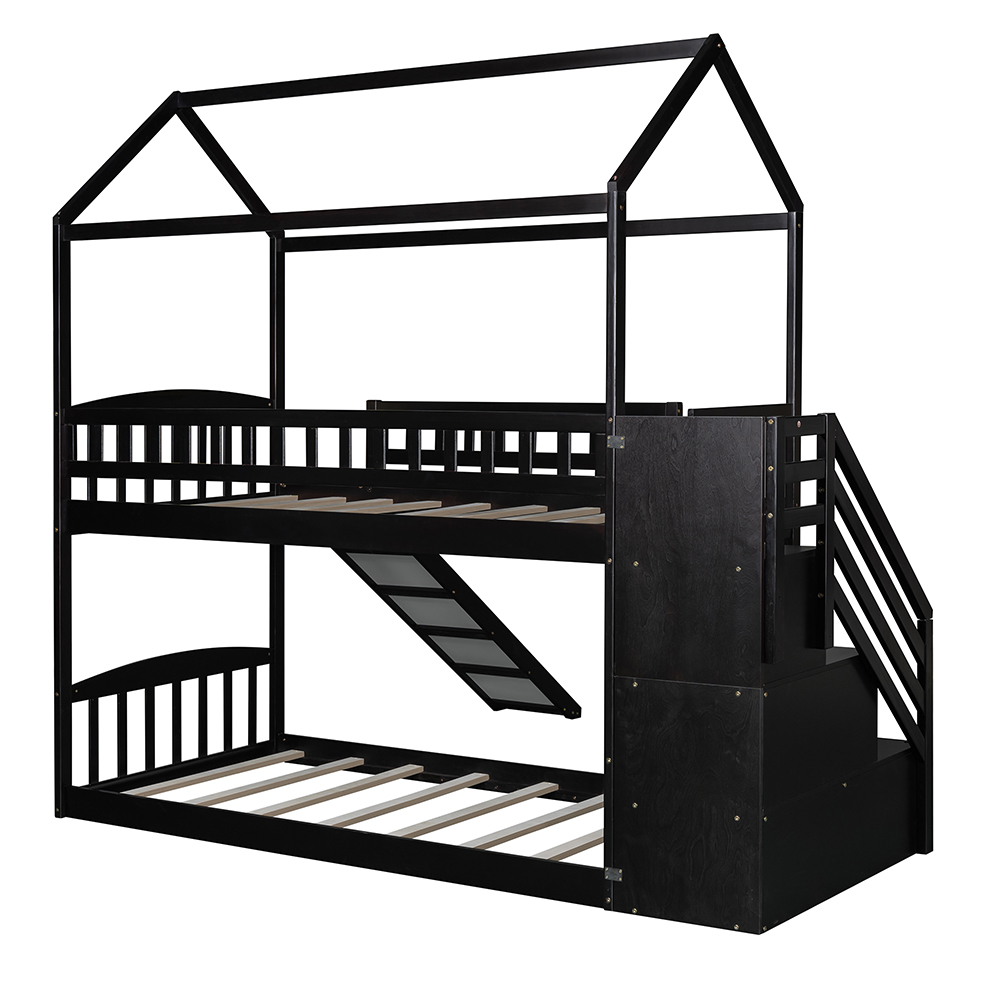 Twin-Over-Twin Size Bunk Bed Frame with Storage Stairs, Slide, and Wooden Slats Support, for Kids, Teens, Boys, Girls (Frame Only) - Espresso