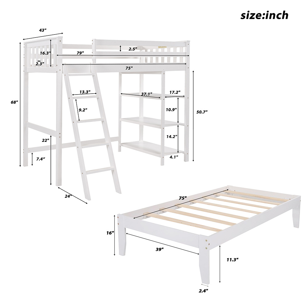 Twin-Over-Twin Size Loft Bed with Separate Platform Bed Frame, for Kids, Teens, Boys, Girls (Frame Only) - White