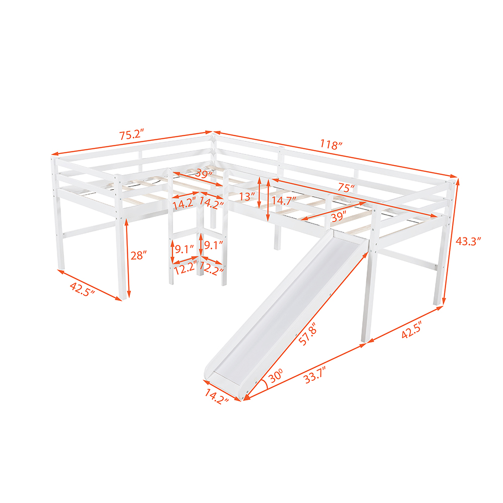 Twin-Size L-Shaped Loft Bed Frame with Built-in Ladders, Slide, and Wooden Slats Support, No Box Spring Required, for Kids, Teens, Boys, Girls (Frame Only) - White