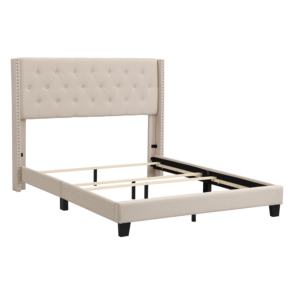Queen Size Linen Fabric Upholstered Platform Bed Frame with Headboard and Wooden Slats Support, Box Spring Needed (Only Frame) - Beige