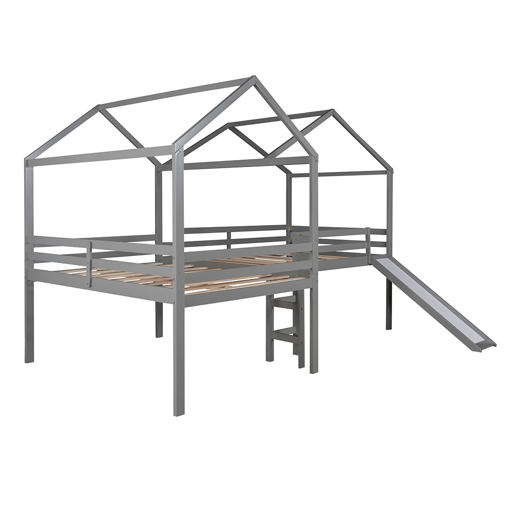 Full-Size House-Shaped Loft Bed Frame with Slide, Ladder, and Wooden Slats Support, No Box Spring Required, for Kids, Teens, Boys, Girls (Frame Only) - Gray