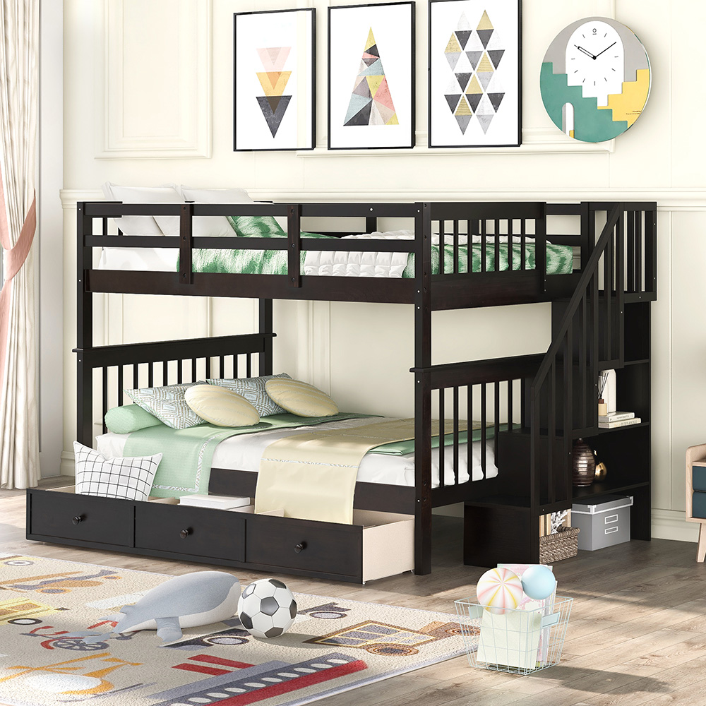 Full-Over-Full Size Bunk Bed Frame with Drawers, Storage Shelves, and Wooden Slats Support, for Kids, Teens, Boys, Girls (Frame Only) - Espresso