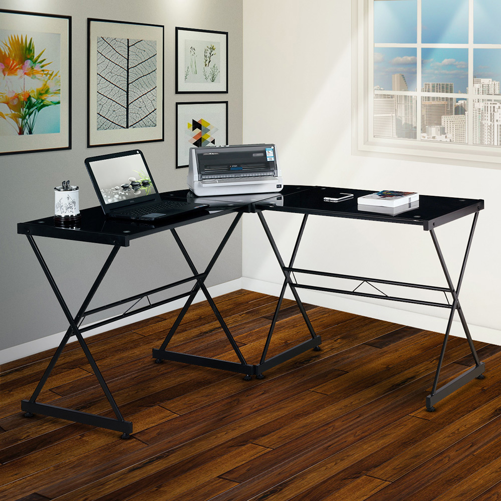 Techni Mobili Home Office L-Shaped Computer Desk with Glass Tabletop and Metal Frame, for Game Room, Small Space, Study Room - Black