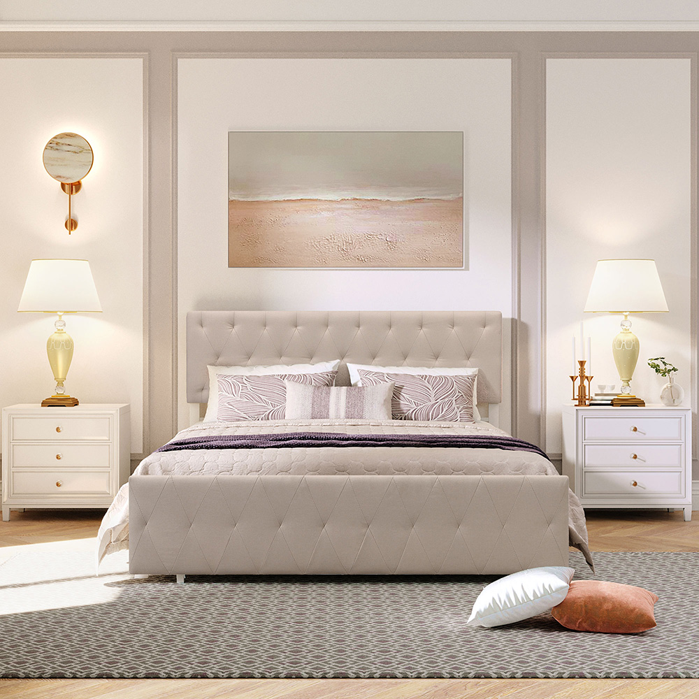 Queen Size Upholstered Platform Bed Frame with Storage Drawer, Headboard, and Metal Slats Support, No Box Spring Needed (Only Frame) - Beige