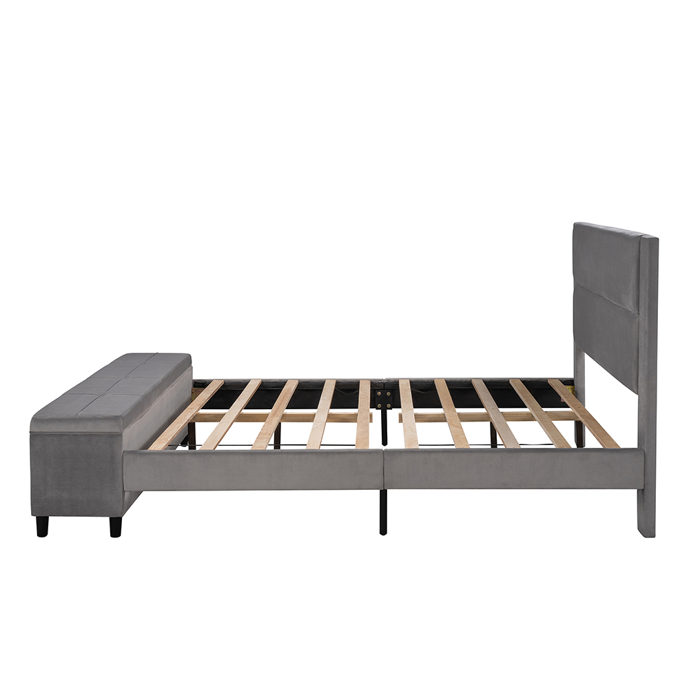 Queen-Size Upholstered Platform Bed Frame with Cushioned Storage Ottoman, Headboard and Wooden Slats Support, No Box Spring Needed (Only Frame) - Gray