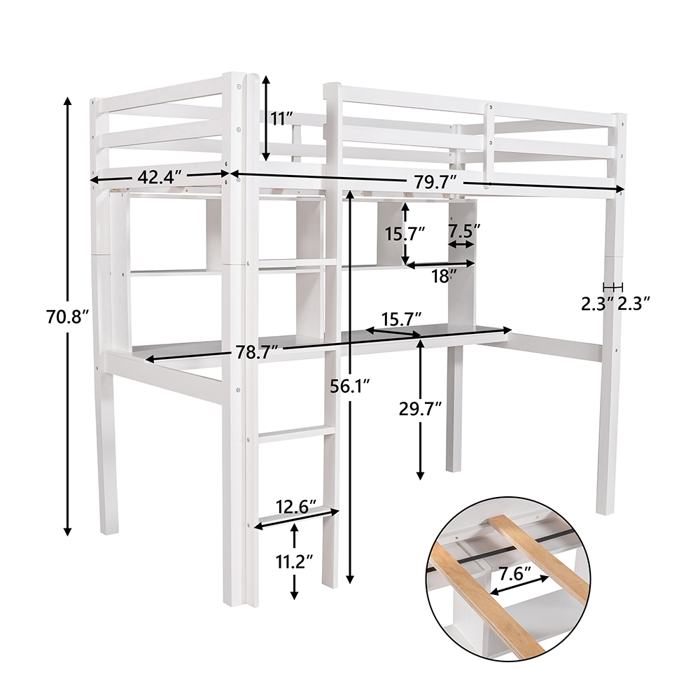 Twin-Size Loft Bed Frame with Desk, Storage Shelves, and Wooden Slats Support, No Box Spring Required, for Kids, Teens, Boys, Girls (Frame Only) - White