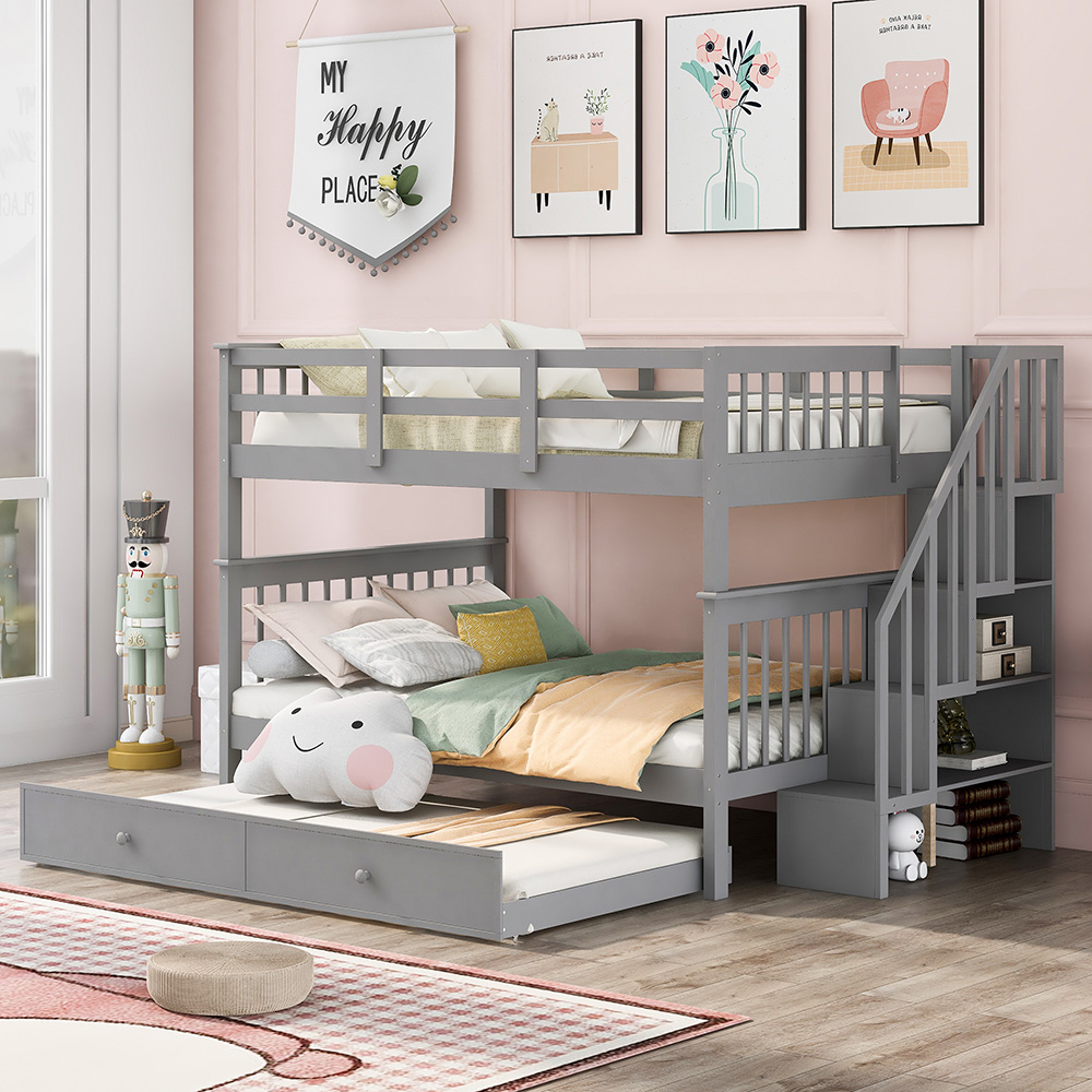 Full-Over-Full Size Bunk Bed Frame with Twin-Size Trundle, Storage Shelves, and Wooden Slats Support, for Kids, Teens, Boys, Girls (Frame Only) - Gray