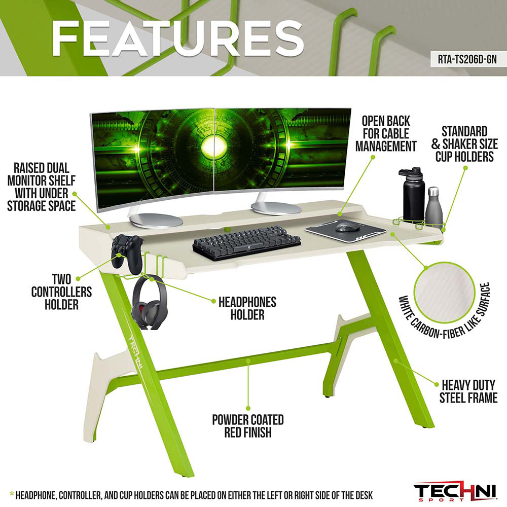 Techni Home Office Gaming Desk with Cup Holder, Headphone Hook, MDF Tabletop and Metal Frame, for Game Room, Small Space, Study Room - Green