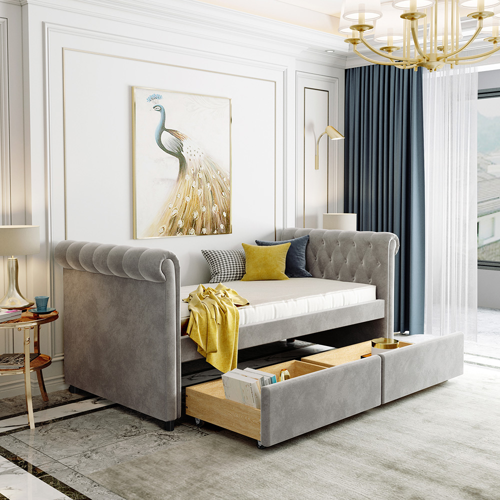 Twin Size Upholstered Daybed With 2 Storage Drawers, And Wooden Slats Support, No Box Spring Needed (Only Frame) - Gray 7 Twin Size Upholstered Daybed with 2 Storage Drawers, and Wooden Slats Support, No Box Spring Needed (Only Frame) - Gray