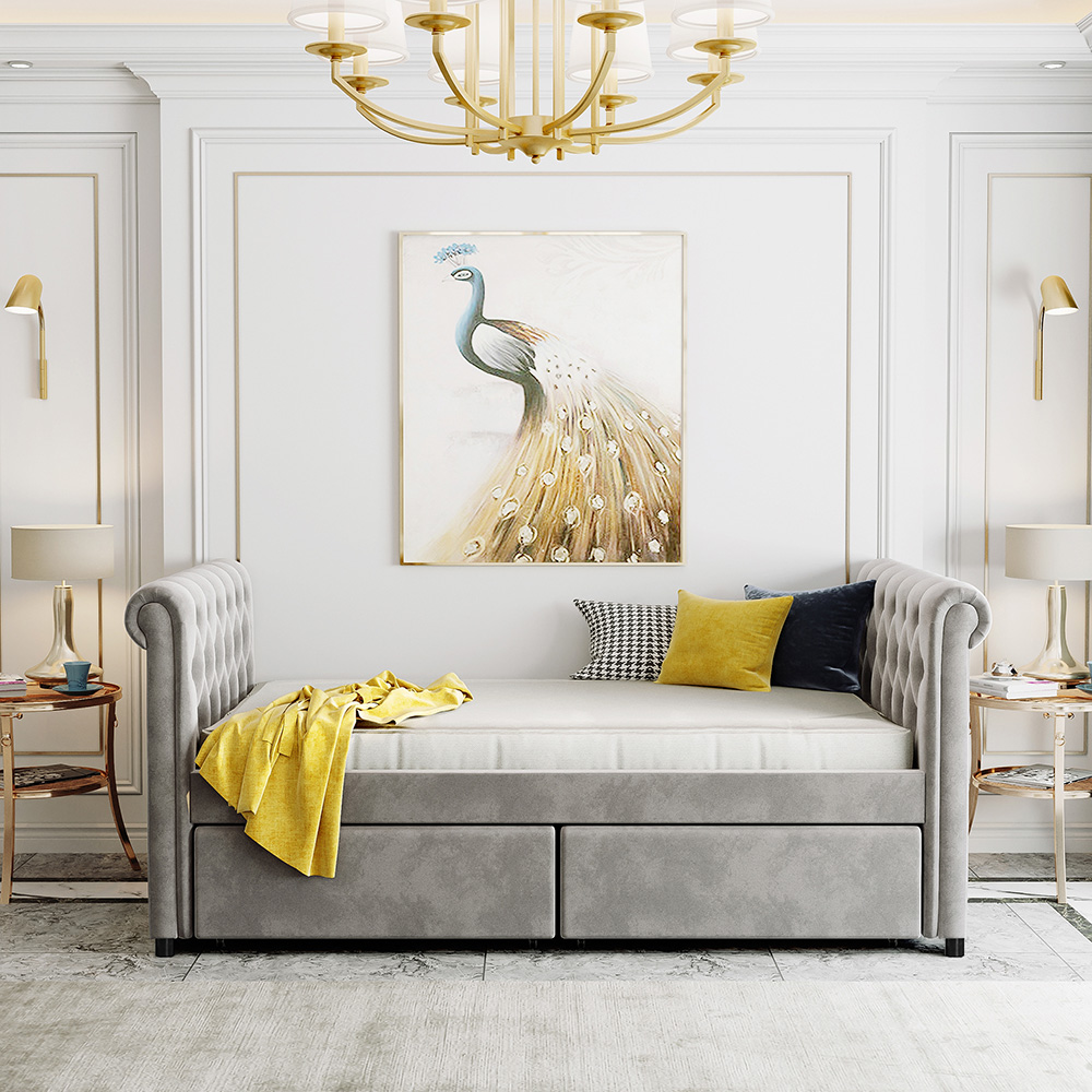 Twin Size Upholstered Daybed With 2 Storage Drawers, And Wooden Slats Support, No Box Spring Needed (Only Frame) - Gray 6 Twin Size Upholstered Daybed with 2 Storage Drawers, and Wooden Slats Support, No Box Spring Needed (Only Frame) - Gray