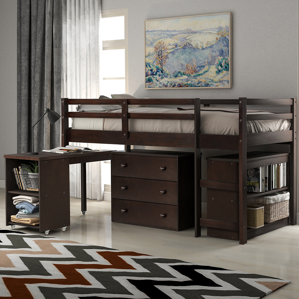 Twin-Size Loft Bed Frame with Storage Drawers, Rolling Portable Desk, and Wooden Slats Support, No Box Spring Required, for Kids, Teens, Boys, Girls (Frame Only) - Espresso