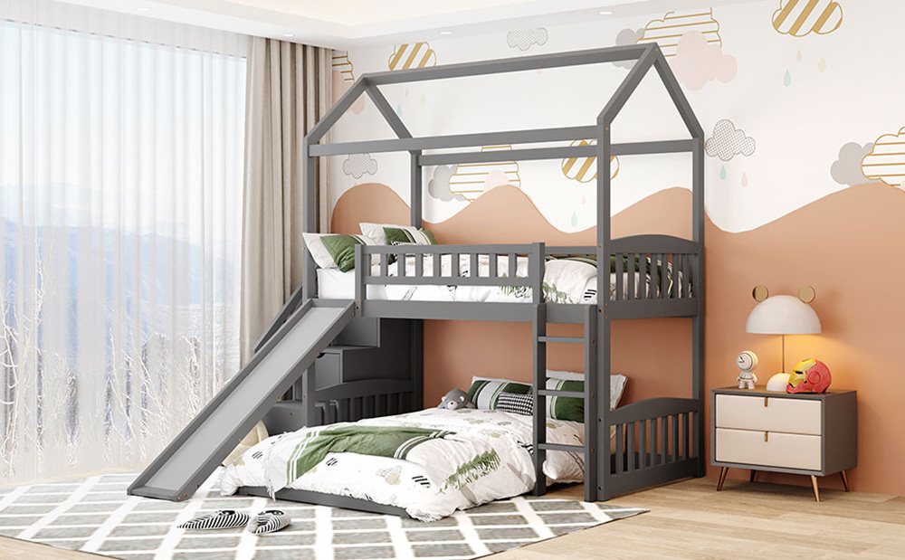 Twin-Over-Twin Size House-shaped Bunk Bed Frame with 2 Storage Drawers, Slide, Ladder, and Wooden Slats Support, for Kids, Teens, Boys, Girls (Frame Only) - Gray