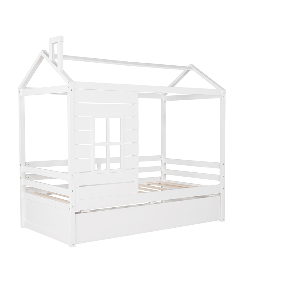 Twin Size House-shaped Platform Bed Frame with Twin Size Trundle and Wooden Slats Support, No Box Spring Needed (Only Frame) - White