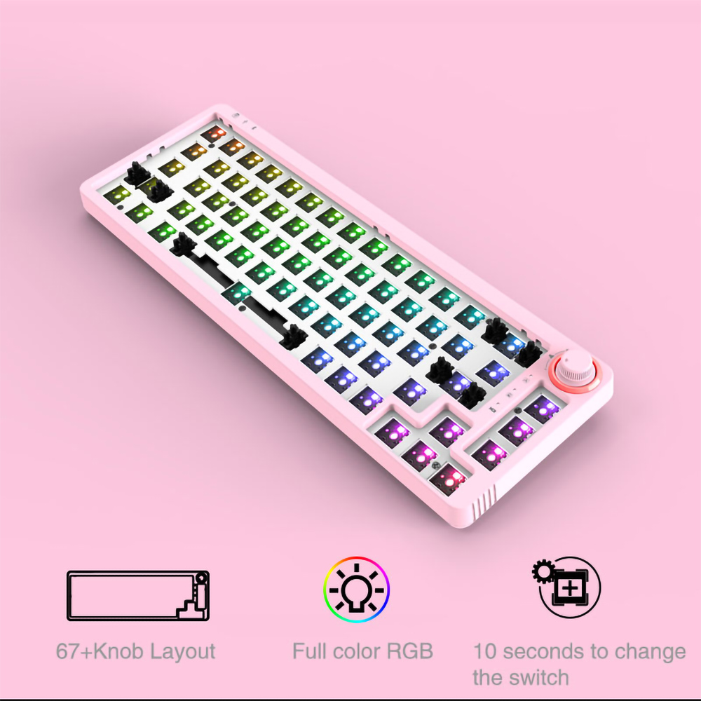 ACGAM KF068 68keys Gaming Mechanical Keyboard Customized Kit Hot-Swappable 3 Modes Ενσωματωμένες μπαταρίες λιθίου 2400mAh συμβατές με 3/5 ακίδες-Pinkl