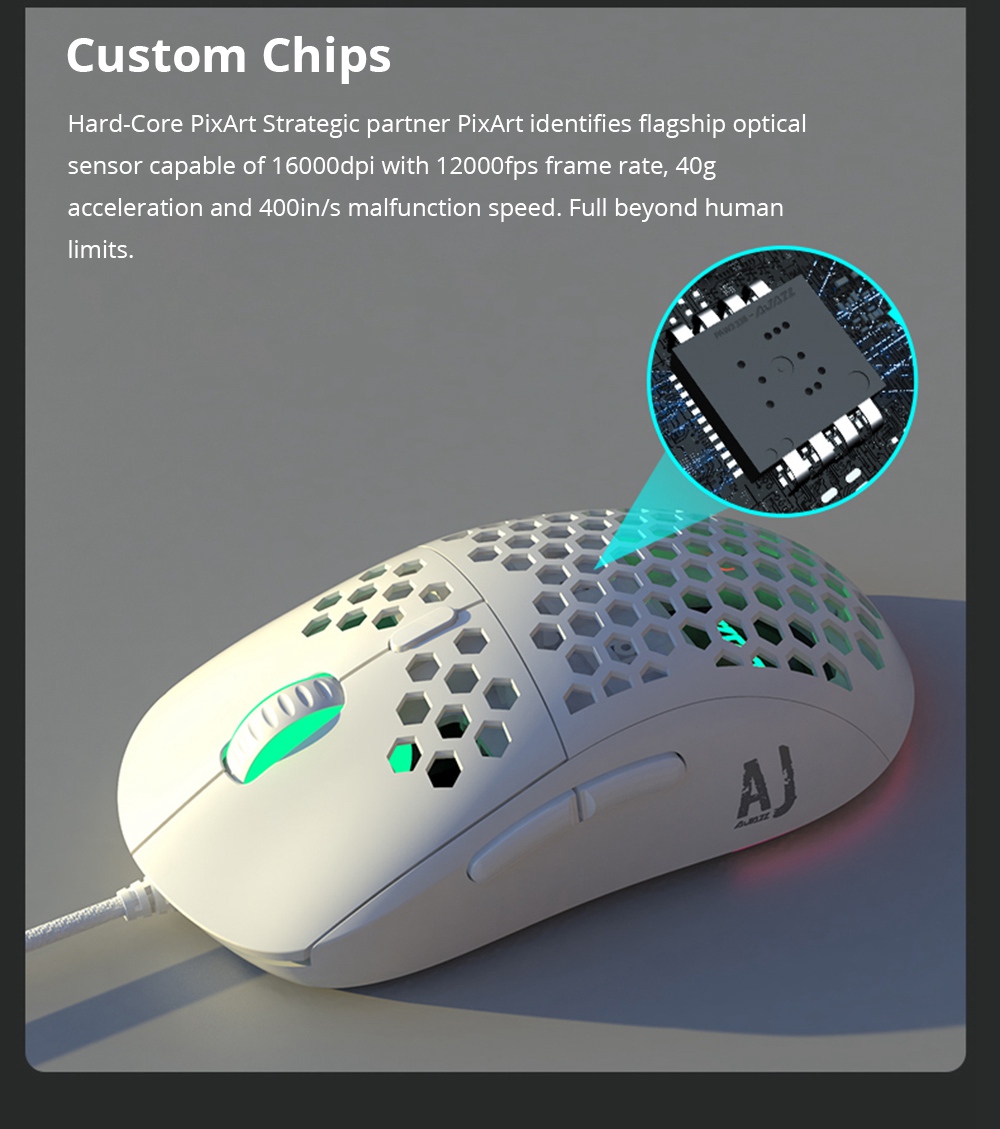 Ajazz AJ380 Ultralight Optical Wired Gaming Mouse RGB Lights قابل للتعديل متوافق مع Windows 2000 / XP / Vista / 7/8/10 - أبيض