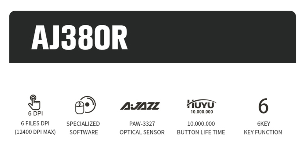 Ajazz AJ380R Ultralekka przewodowa mysz RGB z regulacją światła 12400DPI MAX PAW3327 Czujnik kompatybilny z Windows 2000 / XP / Vista / 7 / 8 / 10 - czarny