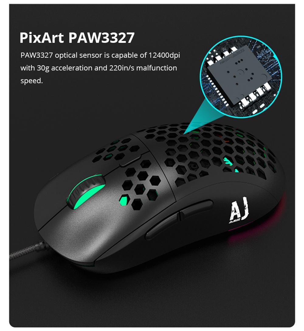 Ajazz AJ380R Mouse cablato ultraleggero RGB regolabile con luce 12400DPI MAX PAW3327 Sensore compatibile con Windows 2000/XP/Vista/7/8/10 - Nero