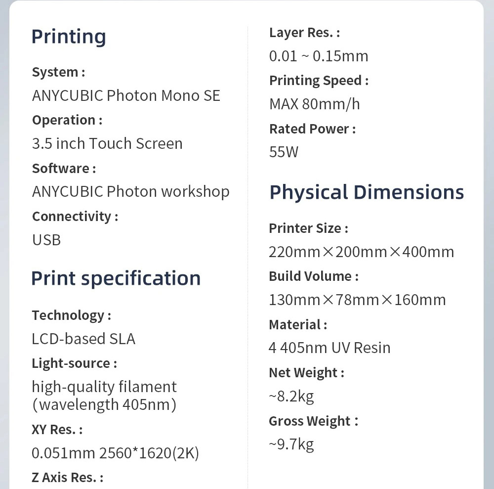 Anycubic Photon Mono SE 3D Printer 10x78x160mm Build Volume LCD SLA UV Resin with APP Remote Control/ 14x Printing Speed