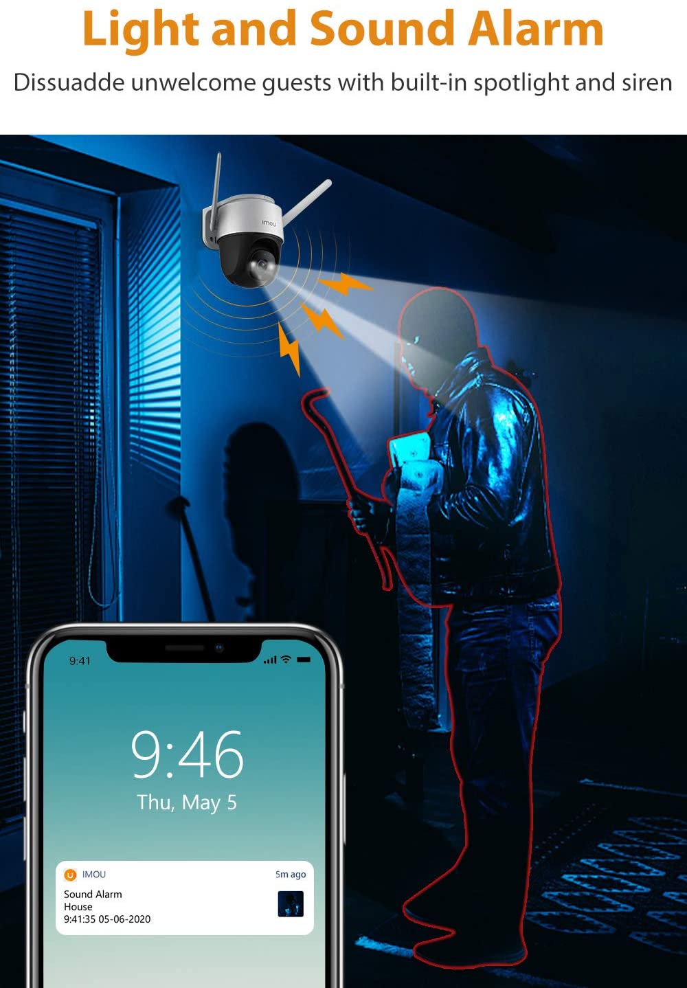 Caméra de sécurité extérieure à vision nocturne couleur avec réflecteur et alarme sonore, caméra panoramique 2.4G FHD, étanche IP66