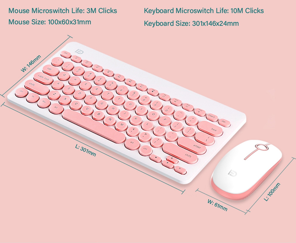 FD iK6620 2.4G Ergonomiczne bezprzewodowe kombinacje z wąską klawiaturą i myszką do domowego biura - różowe