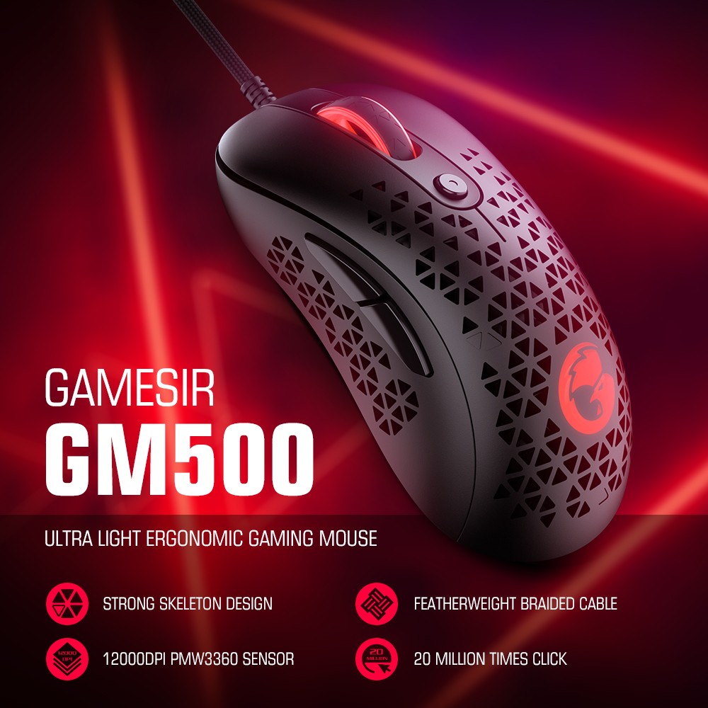 GameSir GM500 Ultralekka przewodowa mysz do gier RGB z regulacją światła 12000 DPI MAX PMW3360 Czujnik - czarny