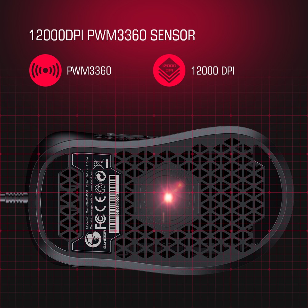 GameSir GM500 Mouse da gioco cablato ultraleggero Sensore RGB regolabile 12000 DPI MAX PMW3360 - Nero