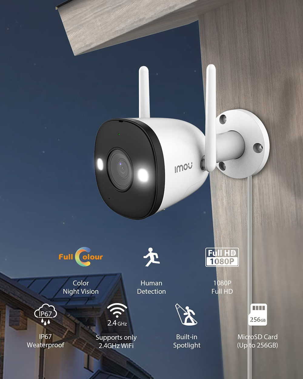 Dahua IMOU Bullet 2E WiFi kültéri biztonsági kamera, 1080P FHD, színes éjszakai látás, könnyű aktív védelem, IP67 időjárásálló otthoni vállalati biztonsági monitor - fehér