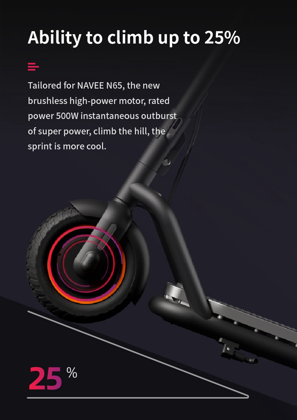 NAVEE N65 Portable Folding Electric Scooter 500W Motor Max Speed ​​25km/h 48V 12.5Ah Battery 10-inch Tires 65KM Max Range Disc & Electric Brake IPX4 Waterproof Bluetooth APP - Black