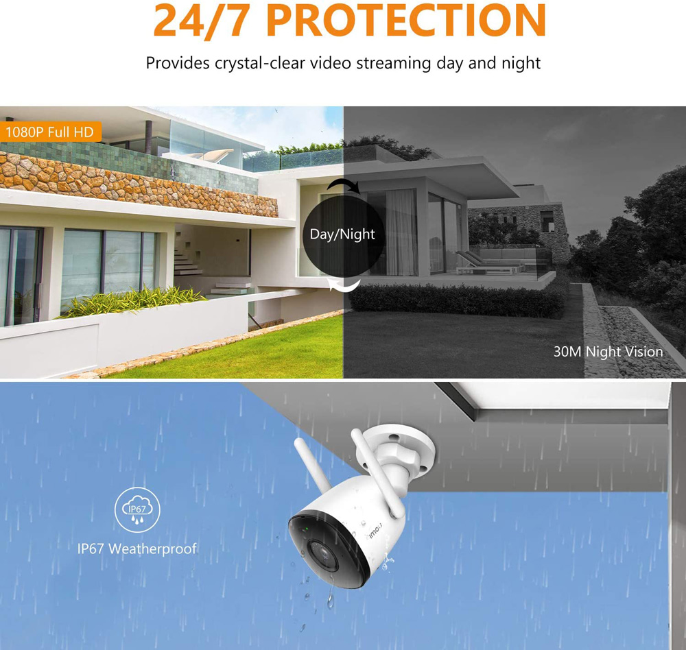 Dahua IMOU Bullet 2C Outdoor Security Camera 1080P HD Night Vision IP67 Weather Resistant Built-in WiFi Hotspot Home Company Security Monitor - White