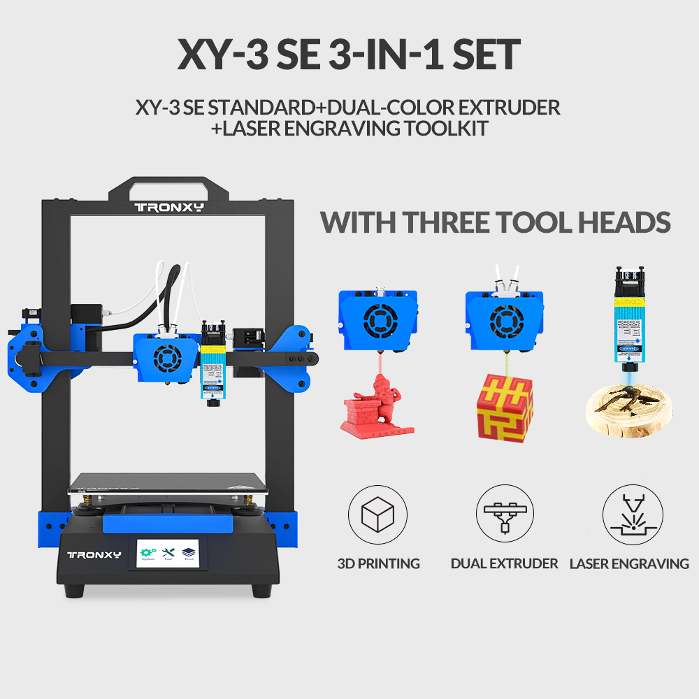 Tronxy XY-3 SE Single Dual Extruder Lasergravur 3D-Drucker Ultra Leise Schnelle Montage Doppel-Z-Motor Glasplatte 255