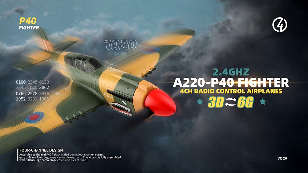 XK A220 P40 2.4G 4CH 384mm Wingspan 3D / 6G โหมด Switchable 6 แกน Gyro RC เครื่องบิน RTF