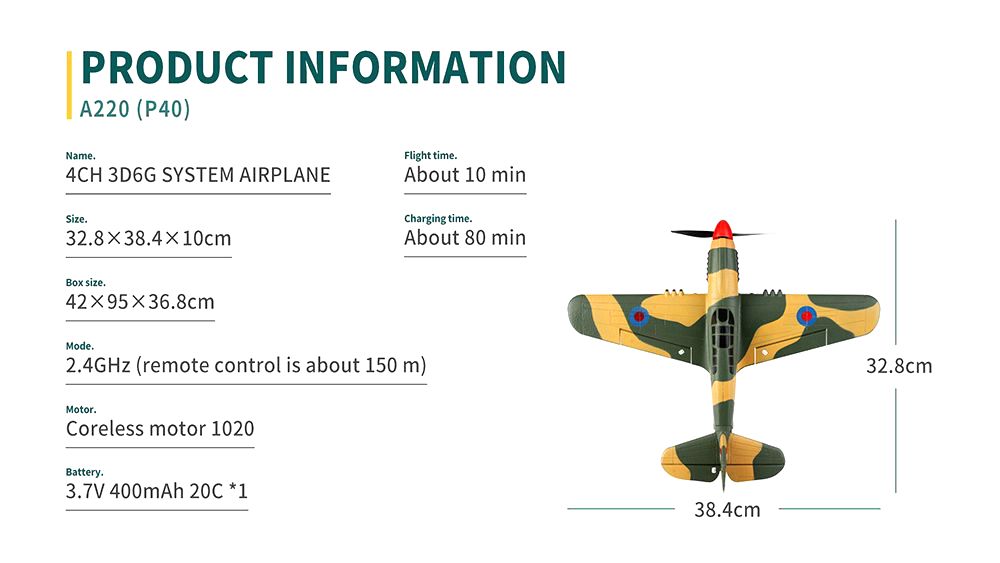 XK A220 P40 2.4G 4CH 384mm Wingspan 3D/6G Mode Switchable 6-Axis Gyro RC Airplane RTF