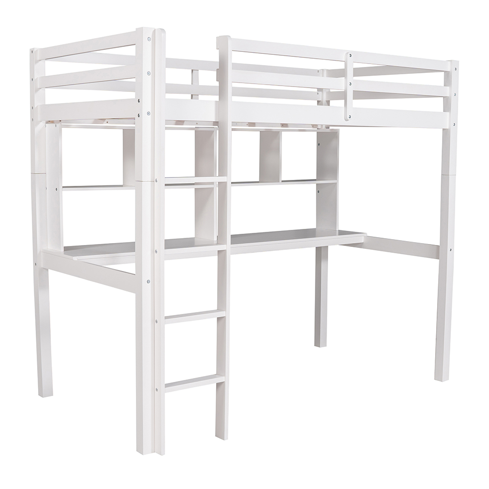 Twin-Size Loft Bed Frame with Desk, Storage Shelves, and Wooden Slats Support, No Box Spring Required, for Kids, Teens, Boys, Girls (Frame Only) - White