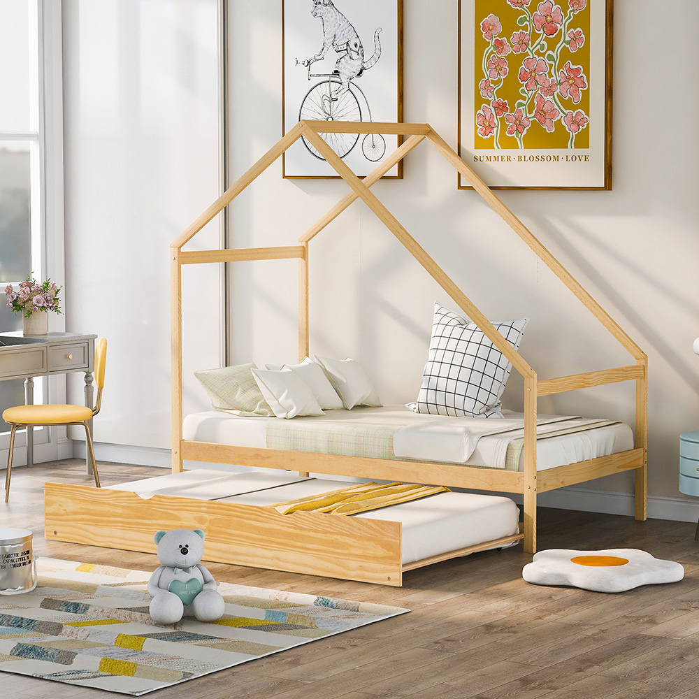 Twin Size House-Shaped Platform Bed Frame with Twin Size Trundle, and Wooden Slats Support, No Box Spring Needed (Only Frame) - Natural
