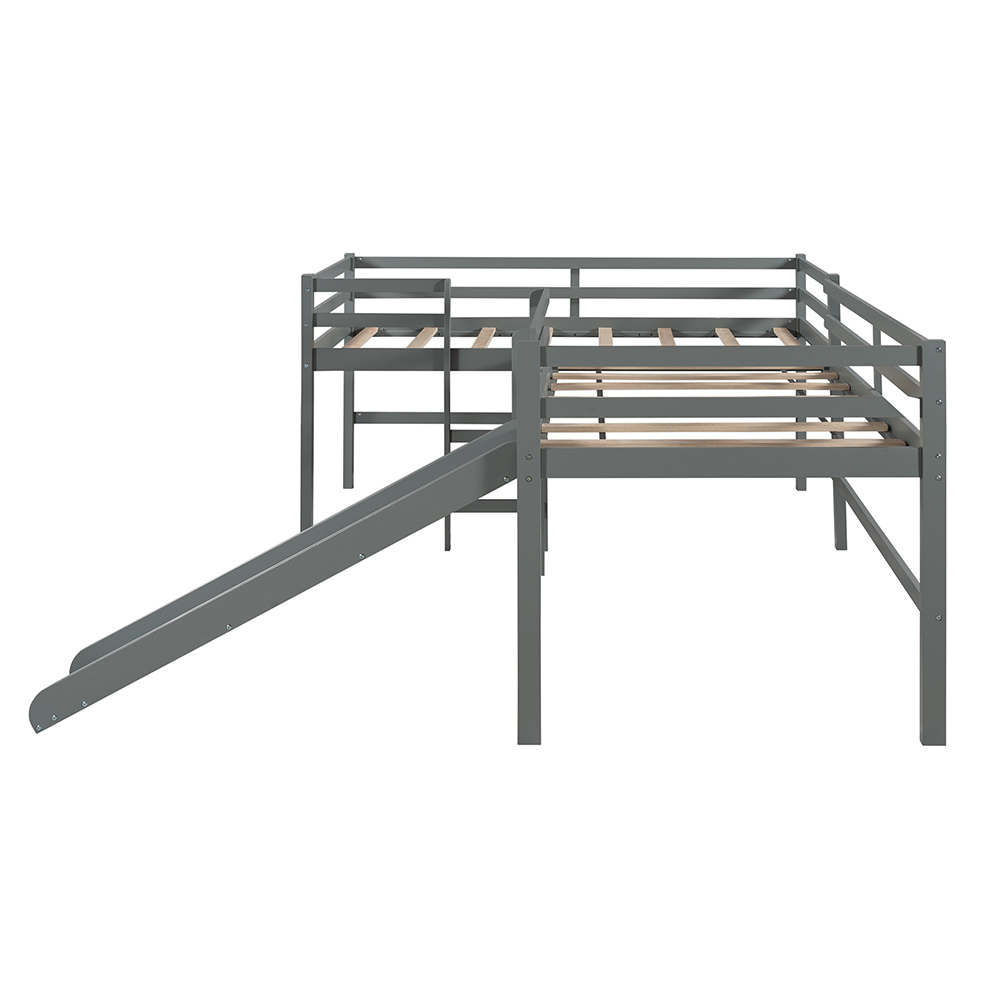 Twin-Size L-Shaped Loft Bed Frame with Built-in Ladders, Slide, and Wooden Slats Support, No Box Spring Required, for Kids, Teens, Boys, Girls (Frame Only) - Gray