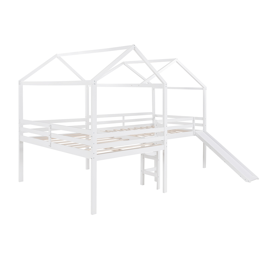 Full-Size House-Shaped Loft Bed Frame with Slide, Ladder, and Wooden Slats Support, No Box Spring Required, for Kids, Teens, Boys, Girls (Frame Only) - White