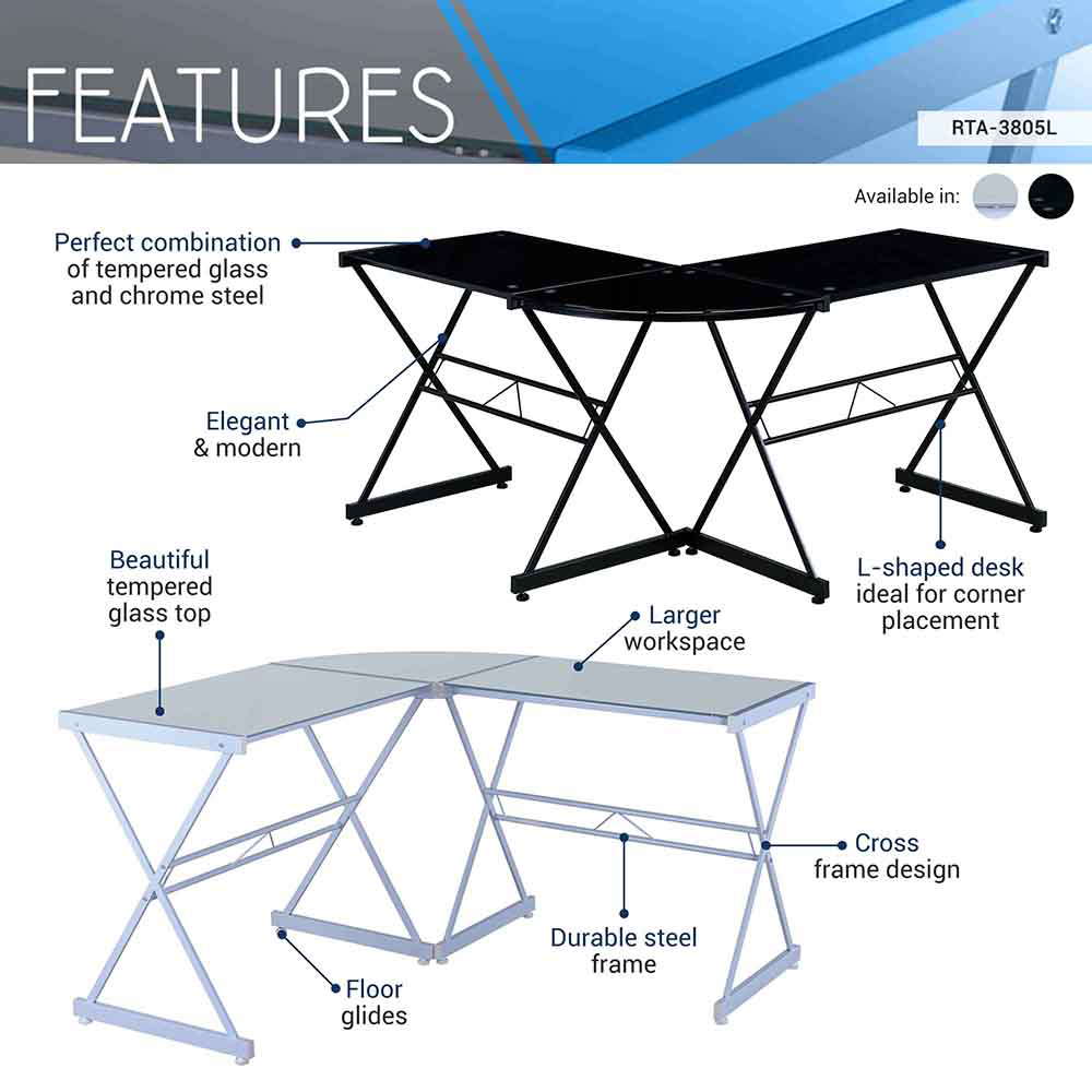 Techni Mobili Home Office L-Shaped Computer Desk with Glass Tabletop and Metal Frame, for Game Room, Small Space, Study Room - White