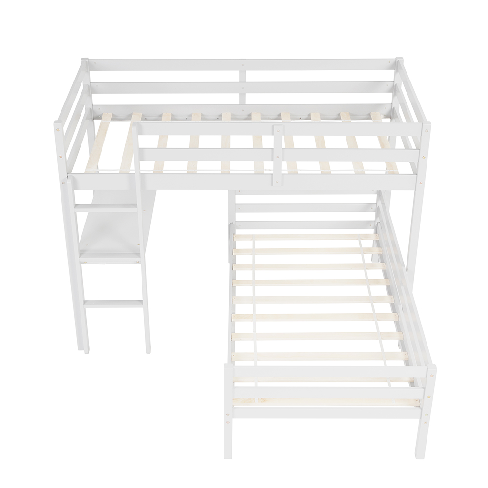 Twin-Over-Twin Size L-shaped Bunk Bed Frame with Desk, Ladder, and Wooden Slats Support, for Kids, Teens, Boys, Girls (Frame Only) - White