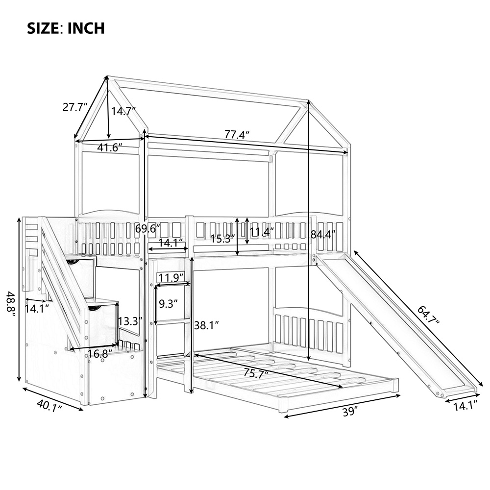 Twin-Over-Twin Size House-shaped Bunk Bed Frame with 2 Storage Drawers, Slide, Ladder, and Wooden Slats Support, for Kids, Teens, Boys, Girls (Frame Only) - Gray