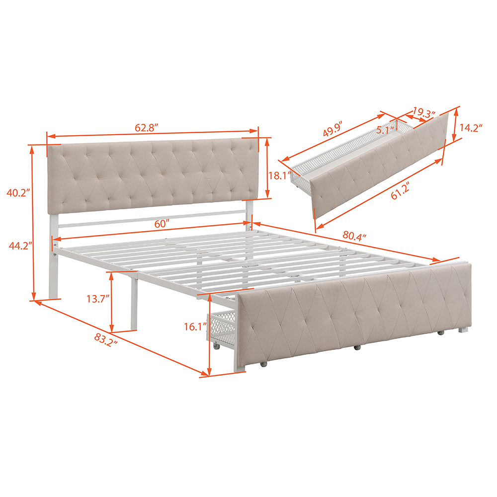 Queen Size Upholstered Platform Bed Frame with Storage Drawer, Headboard, and Metal Slats Support, No Box Spring Needed (Only Frame) - Beige