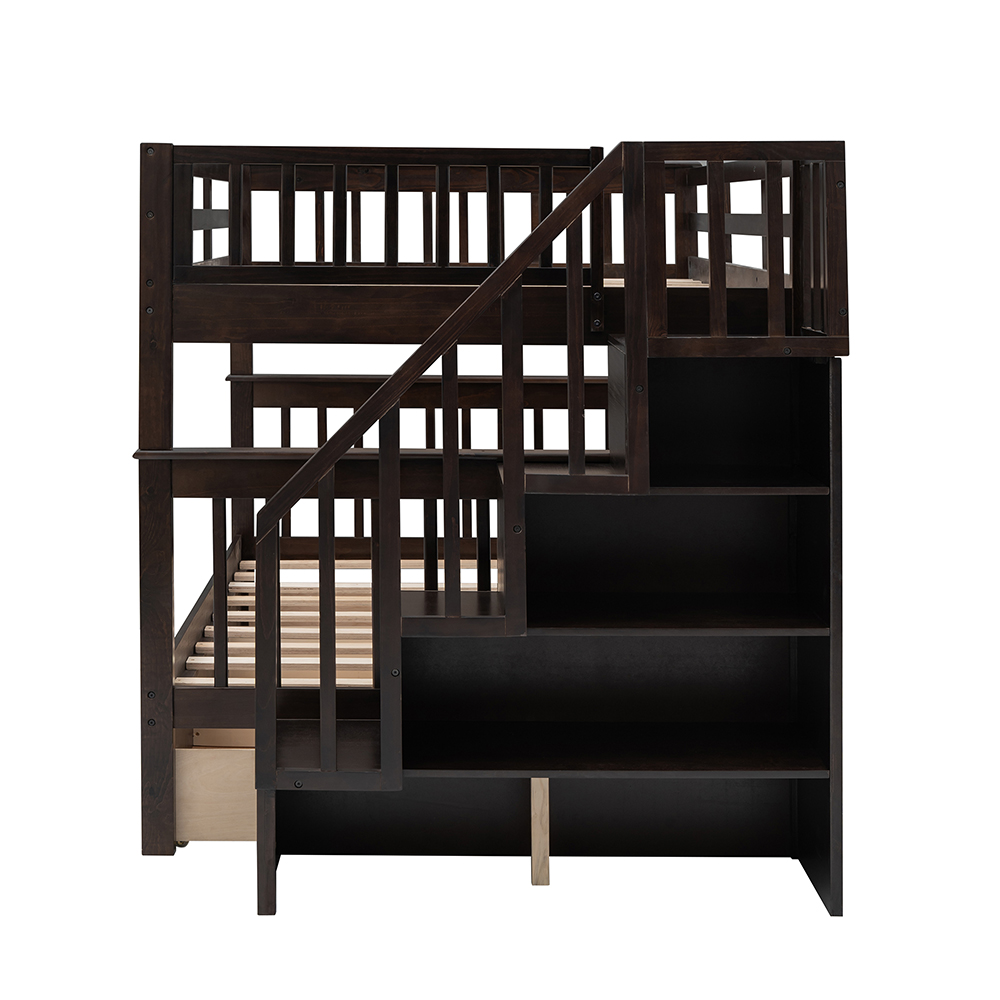 Full-Over-Full Size Bunk Bed Frame with Drawers, Storage Shelves, and Wooden Slats Support, for Kids, Teens, Boys, Girls (Frame Only) - Espresso