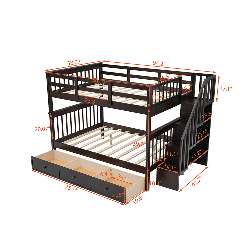 Full-Over-Full Size Bunk Bed Frame with Drawers, Storage Shelves, and Wooden Slats Support, for Kids, Teens, Boys, Girls (Frame Only) - Espresso