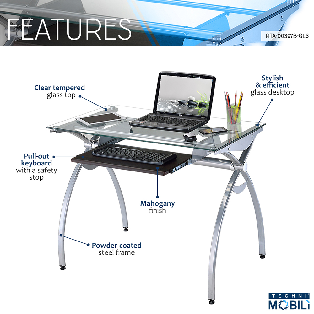 Techni Mobili Home Office L-Shaped Computer Desk with Pull-Out Keyboard Panel, Glass Tabletop and Metal Frame, for Game Room, Small Space, Study Room - White