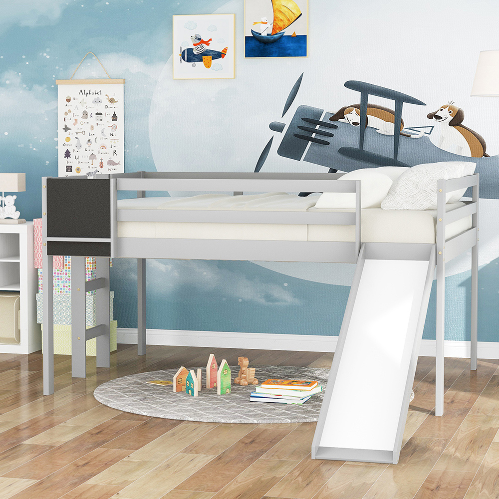 Full-Size Loft Bed Frame with Slide, Chalkboard, and Wooden Slats Support, No Box Spring Required, for Kids, Teens, Boys, Girls (Frame Only) - Gray