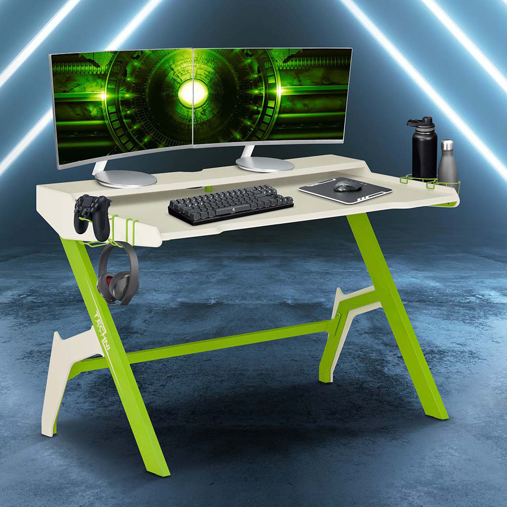 Techni Home Office Gaming Desk with Cup Holder, Headphone Hook, MDF Tabletop and Metal Frame, for Game Room, Small Space, Study Room - Green