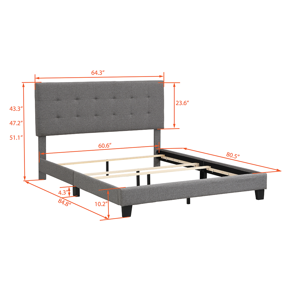 Queen-Size Linen Fabric Upholstered Platform Bed Frame with Tufted Headboard and Wooden Slats Support, Box Spring Needed (Only Frame) - Gray